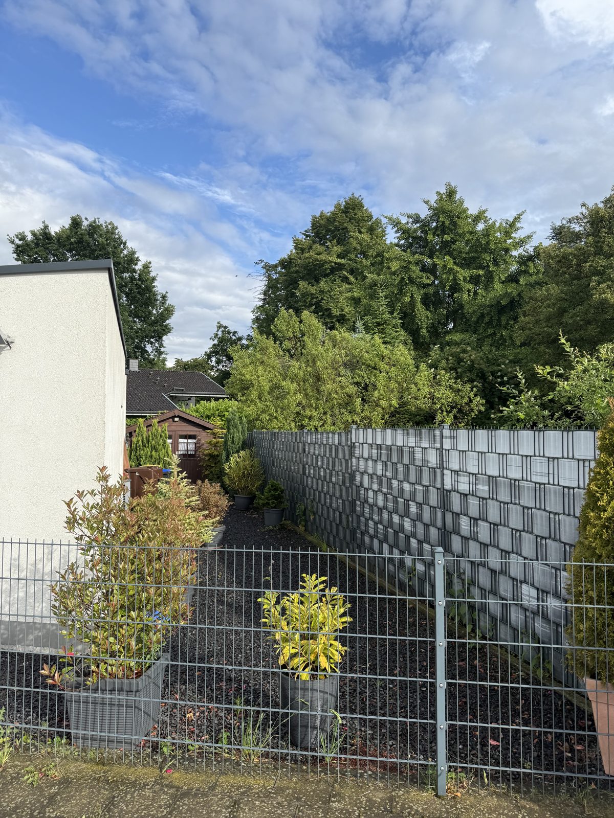 Vorher: Seitenstreifen am Haus mit Schotter, Topfpflanzen und offenem Durchgang